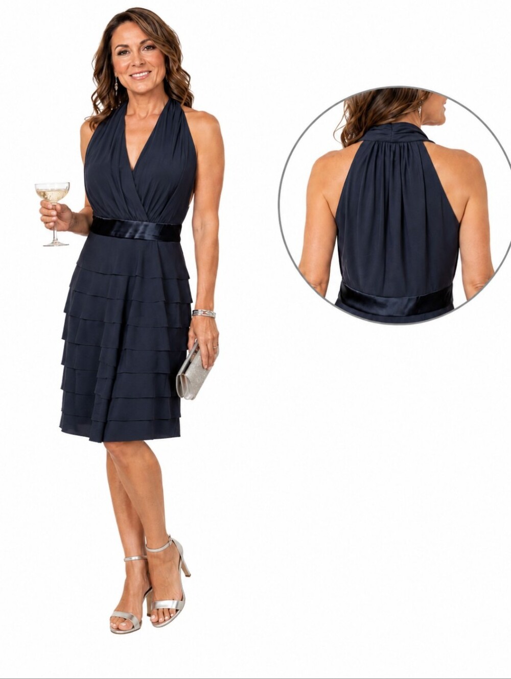 Black Halter Tiered Dress V Neck Crossover Top Knit Party Wedding Guest Sz 10